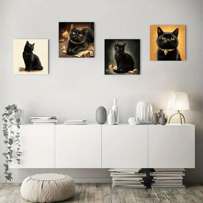 4pcs Black Lucky Cat Canvas Art Prints Wall Art Canvas Framed