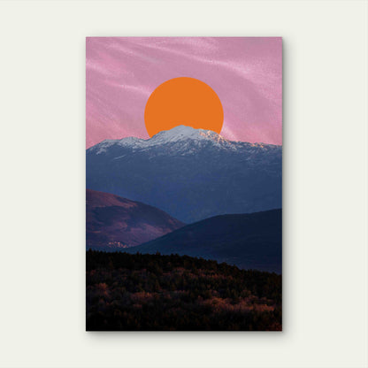 Layered Mountain Silhouettes with a Large, Orange Sun 60x90cm Metal Print Ready to Hang