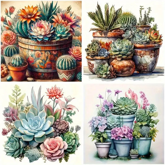 4pcs Cactus Flower Vase Wall Art Canvas Framed