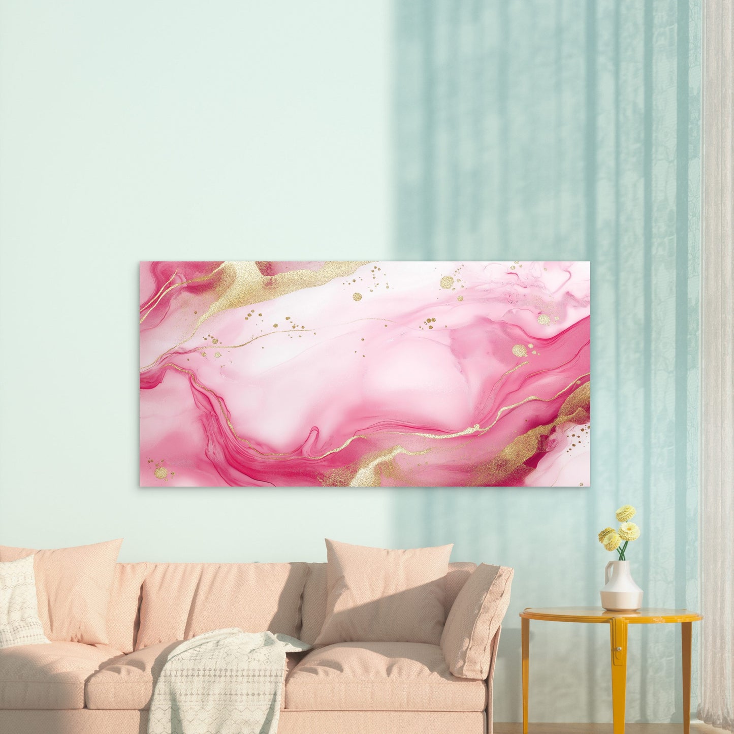 Rose Quartz Golden Ripples Wall Art Canvas Office Home Room Framed 120x60cm - Bella Home Decor