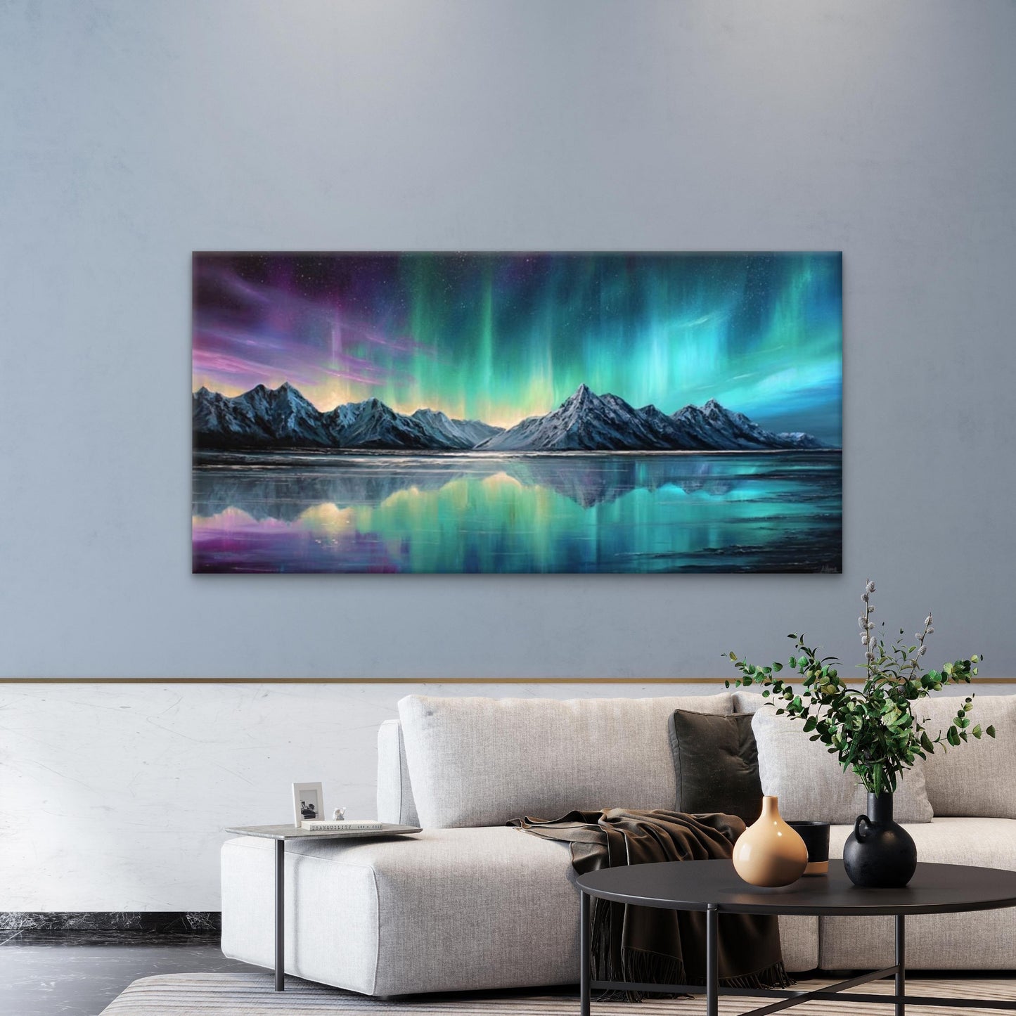 Aurora & Lake Reflections Wall Art Canvas Office Home Room Framed 120x60cm - Bella Home Decor