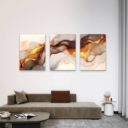 3pcs Luxury Gold Foil Liquid Ink Abstract Fluid  Wall Art Set Canvas Framed 40x60cm - High Quality Print 100% Australian Made Wall Canvas Ready to Hang