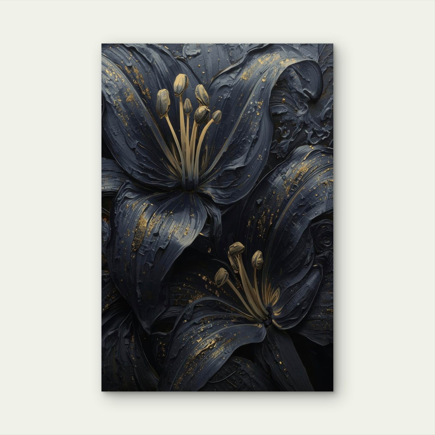 Abstract Dark Navy Blue Gold Lily Painting 40x60cm Metal Print Ready to Hang