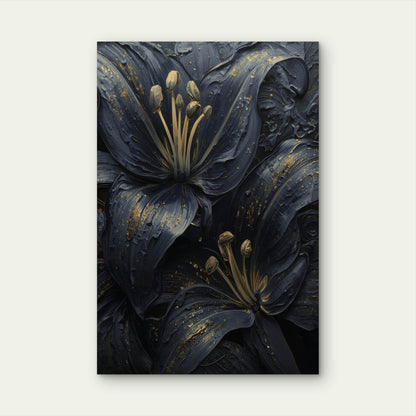 Abstract Dark Navy Blue Gold Lily Painting 40x60cm Metal Print Ready to Hang
