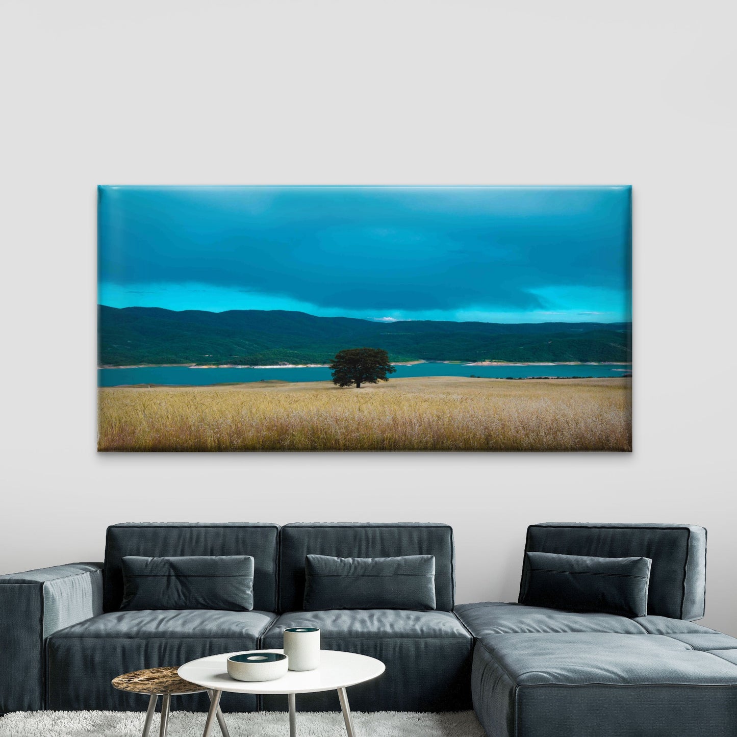 Grassland with Lake Behind Wall Art Canvas Office Home Room Framed 120x60cm