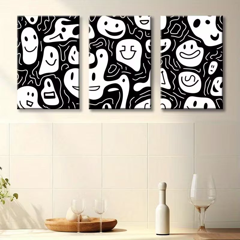 3pcs Joyful Face Illustration Wall Art Set Canvas Framed 40x60cm - High Quality Print 100% Australian Made Wall Canvas Ready to Hang