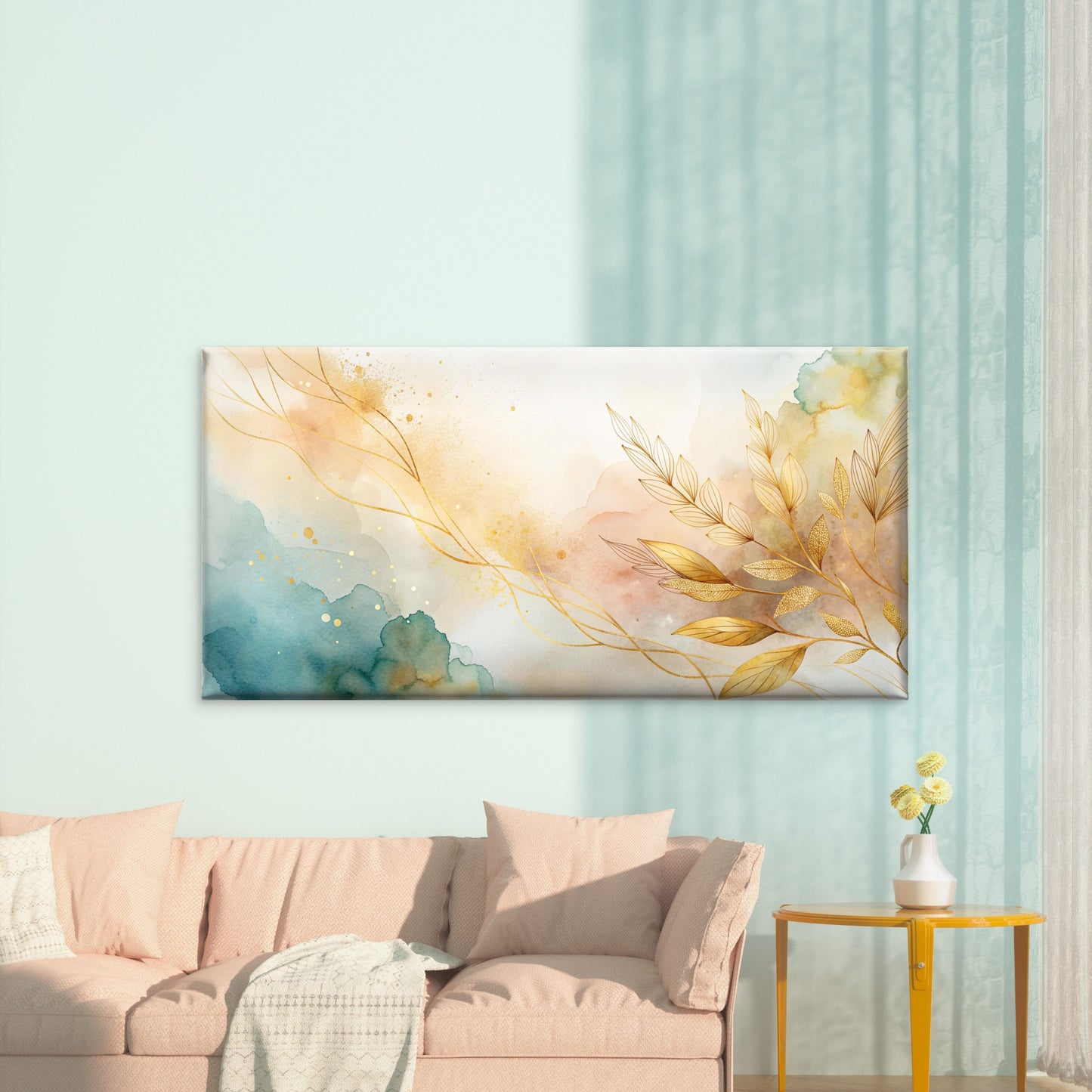 Golden Ether Botanical Leaves Wall Art Canvas Office Home Room Framed 120x60cm - Bella Home Decor