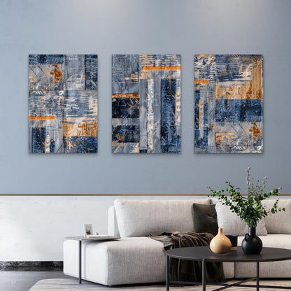 3pcs Modern Denim Blue Rust Art Painting  Wall Art Set Canvas Framed 40x60cm - High Quality Print 100% Australian Made Wall Canvas Ready to Hang