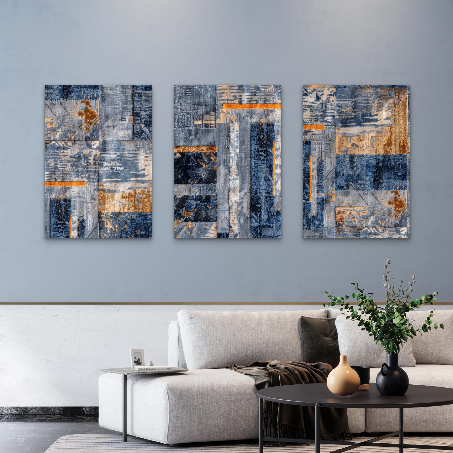 3pcs Modern Denim Blue Rust Art Painting  Wall Art Set Canvas Framed 60x90cm - High Quality Print 100% Australian Made Wall Canvas Ready to Hang