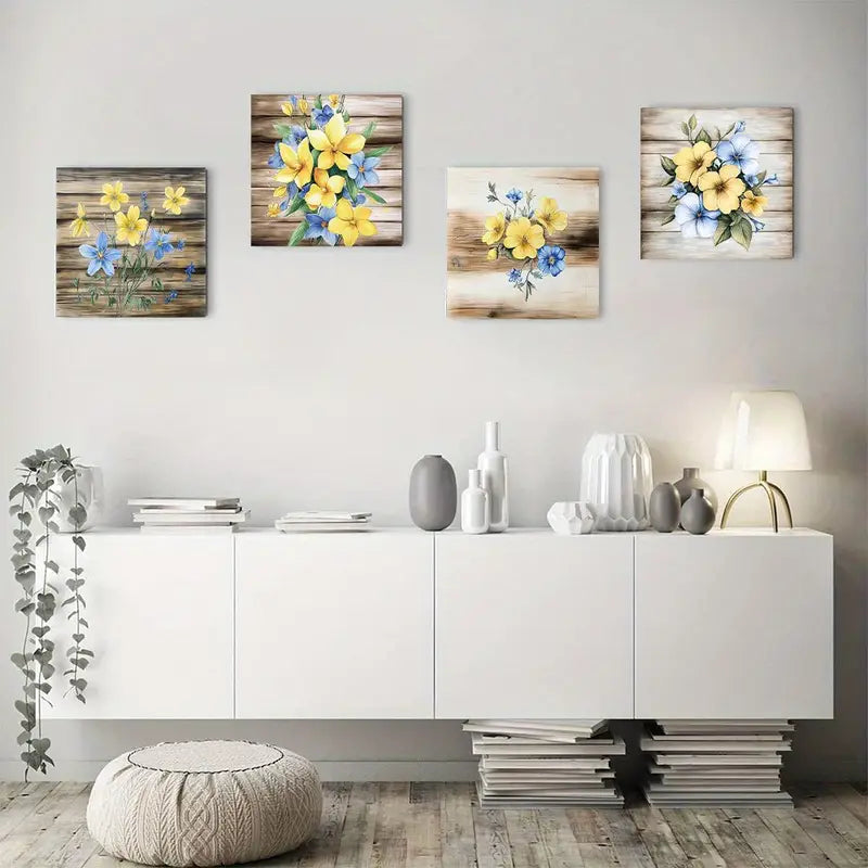 4pcs Blue and Yellow Flower and Butterf Wall Art Canvas Framed