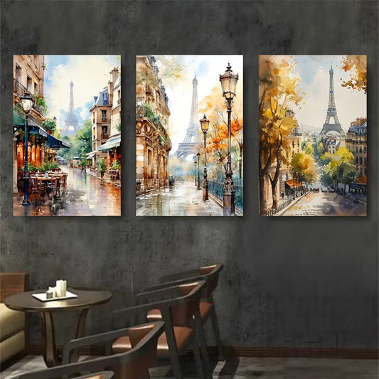3pcs Vintage Watercolor Paris Eiffel Tower Street Wall Art Set Canvas Framed 40x60cm - High Quality Print 100% Australian Made Wall Canvas Ready to Hang