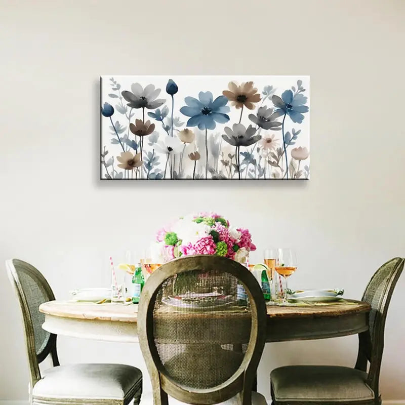 Indigo Brown Gray Flower Wall Art canvas office home room framed 120x60cm - Bella Home Decor