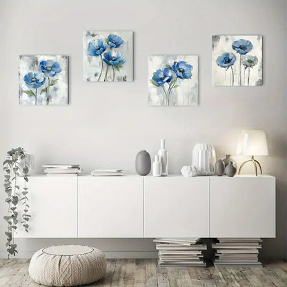 4pcs  Blue Floral Farmhouse Decor, Modern  kl   Wall Art Canvas Framed