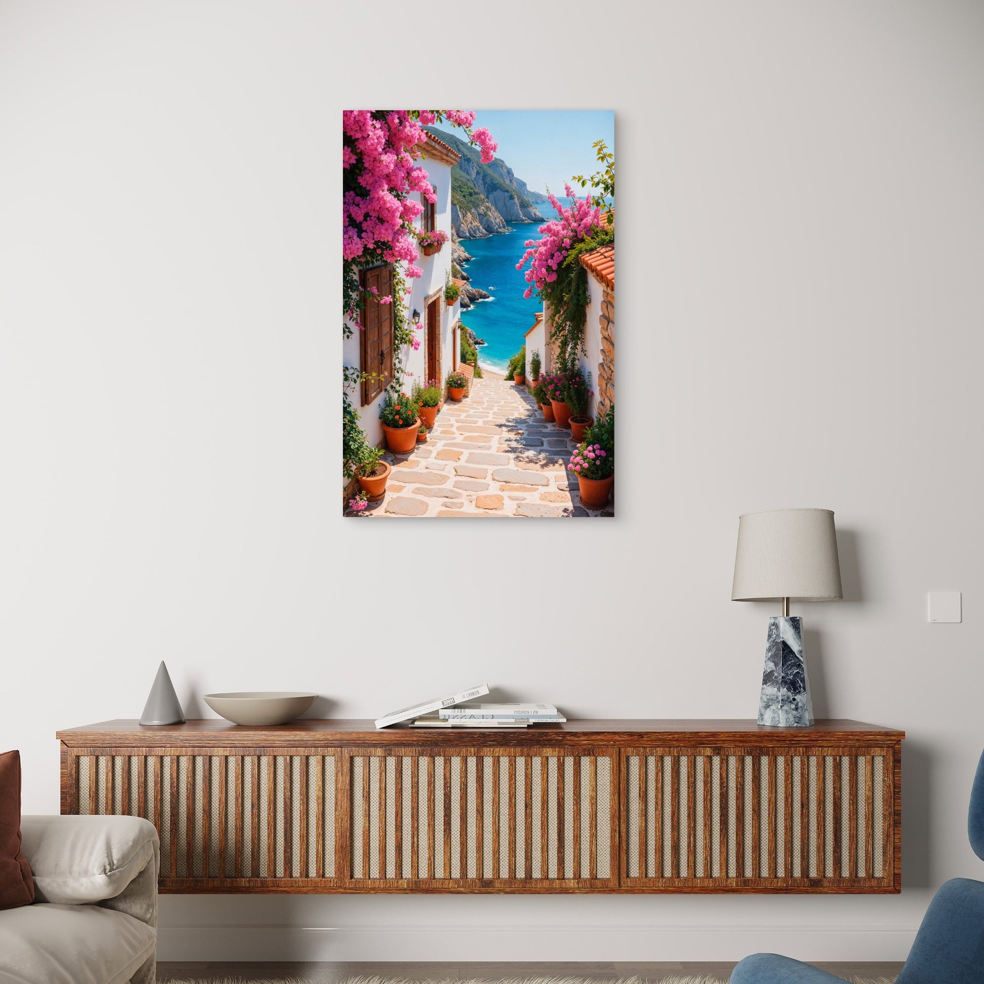Mediterranean Coastal Alley Bougainvillea 40x60cm Metal Print Ready to Hang