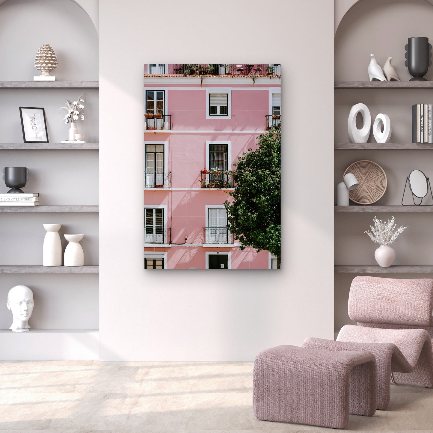 Photograph Of A Pink Commercial Building Lisbon Portugal 40x60cm Metal Print Ready to Hang