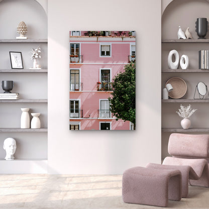Photograph Of A Pink Commercial Building Lisbon Portugal 40x60cm Metal Print Ready to Hang