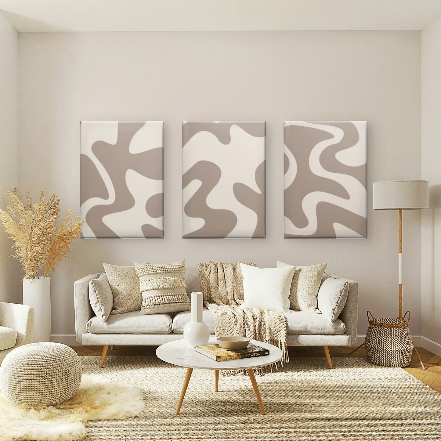 3pcs Minimalist Beige Cream Abstract Wavy Fluid Neutral Japandi Wall Art Set Canvas Framed 40x60cm - High Quality Print 100% Australian Made Wall Canvas Ready to Hang