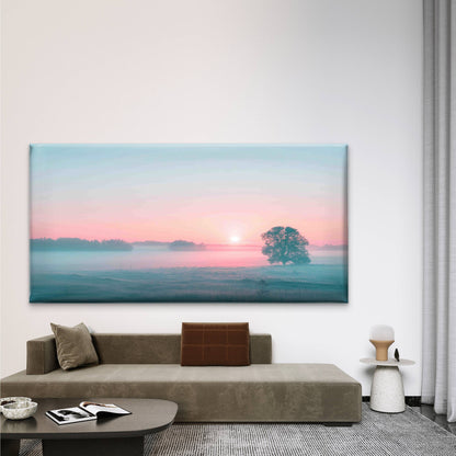 Sunrise Over a Misty Field Wall Art Canvas Office Home Room Framed 120x60cm