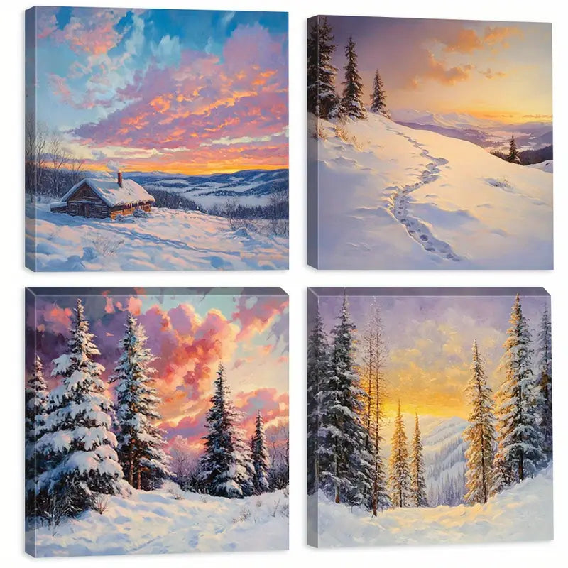 4pcs Clouds Decorative Painting, Mountains  Wall Art Canvas Framed