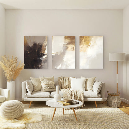 3pcs Dark Brown Beige Cream Ochre Brushstroke Wall Art Set Canvas Framed 40x60cm - High Quality Print 100% Australian Made Wall Canvas Ready to Hang