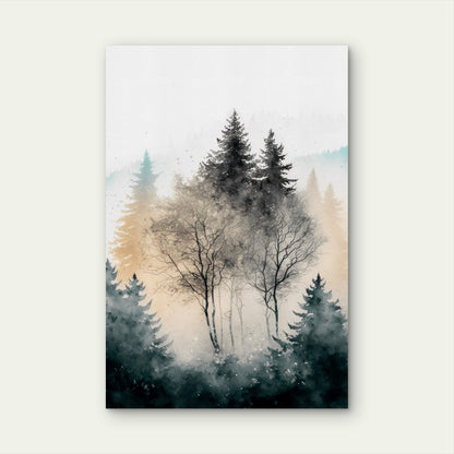 Layered Forest Landscape in Monochrome Watercolor 40x60cm Metal Print Ready to Hang