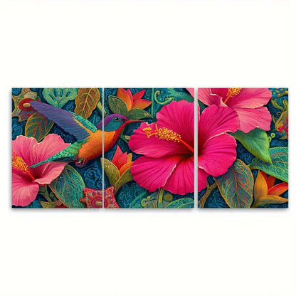 3pcs Vibrant Floral And Bird Metal Print Ready to Hang Art