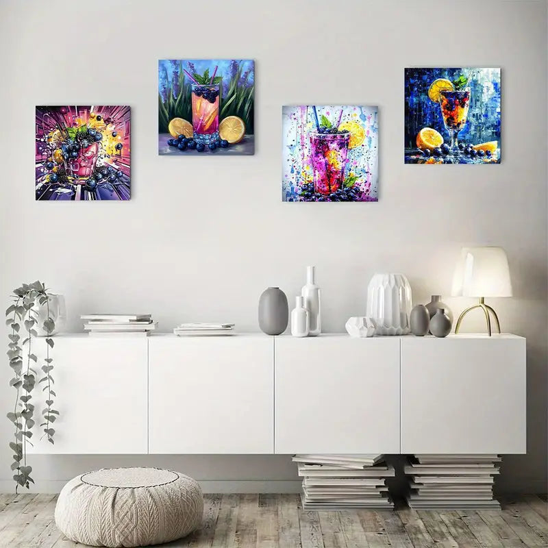 4pcs Vibrant Cocktail Art Prints Wall Art Canvas Framed