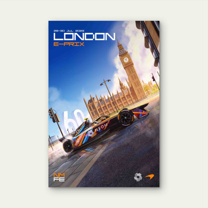 Electric Racing Car London Big Ben Architecture 60x90cm Metal Print Ready to Hang