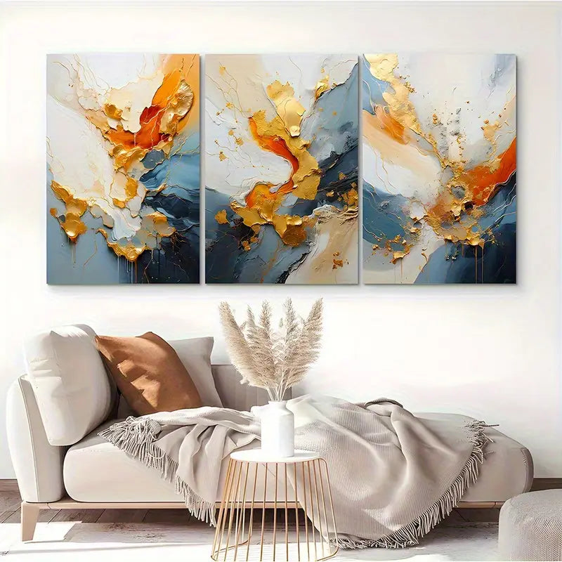 3pcs Golden And Orange Swirls, Elegant Fluid Desig Metal Print Ready to Hang Art - Bella Home Decor