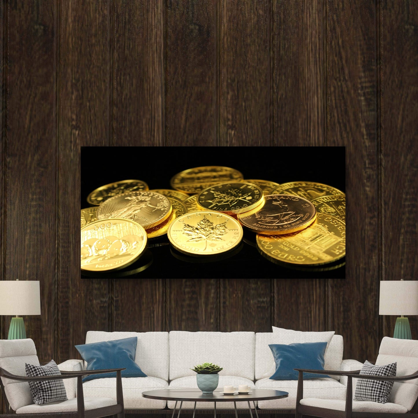 Pile Of Golden Bullion Coins Wall Art Canvas Office Home Room Framed 120x60cm