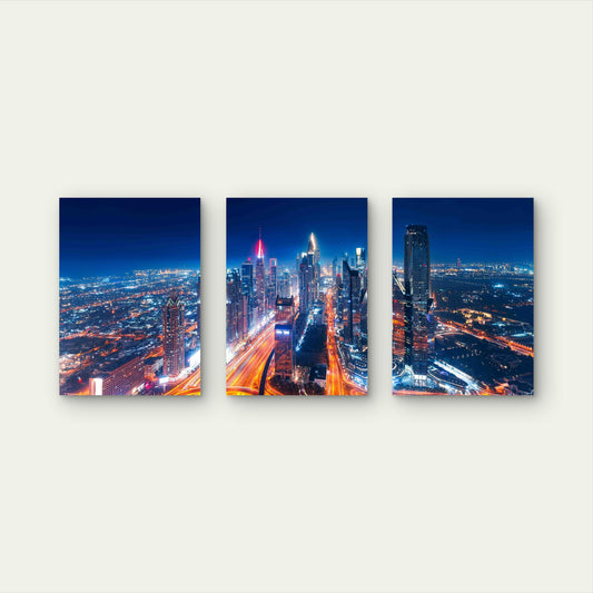 3pcs Dubai City Skyline Night Highway Metal Print Ready to Hang Art
