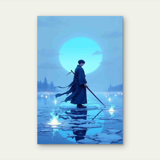 Lone Samurai Icy Lake Glowing Moon 40x60cm Metal Print Ready to Hang