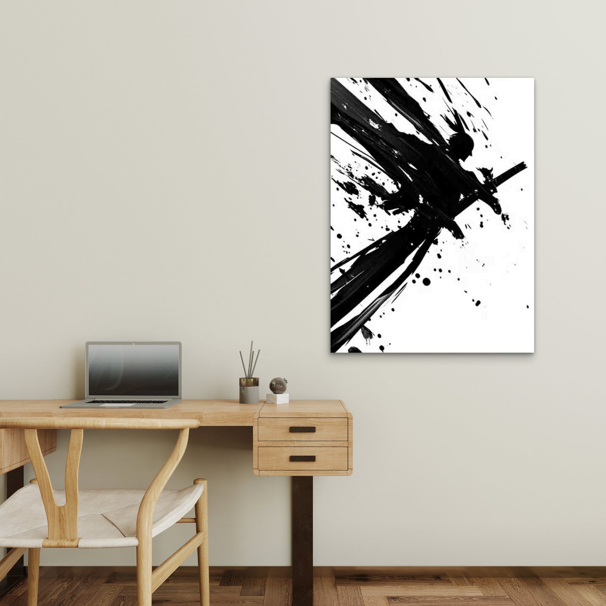 Samurai Warrior Black Ink Splatter Abstract 40x60cm Metal Print Ready to Hang - Bella Home Decor