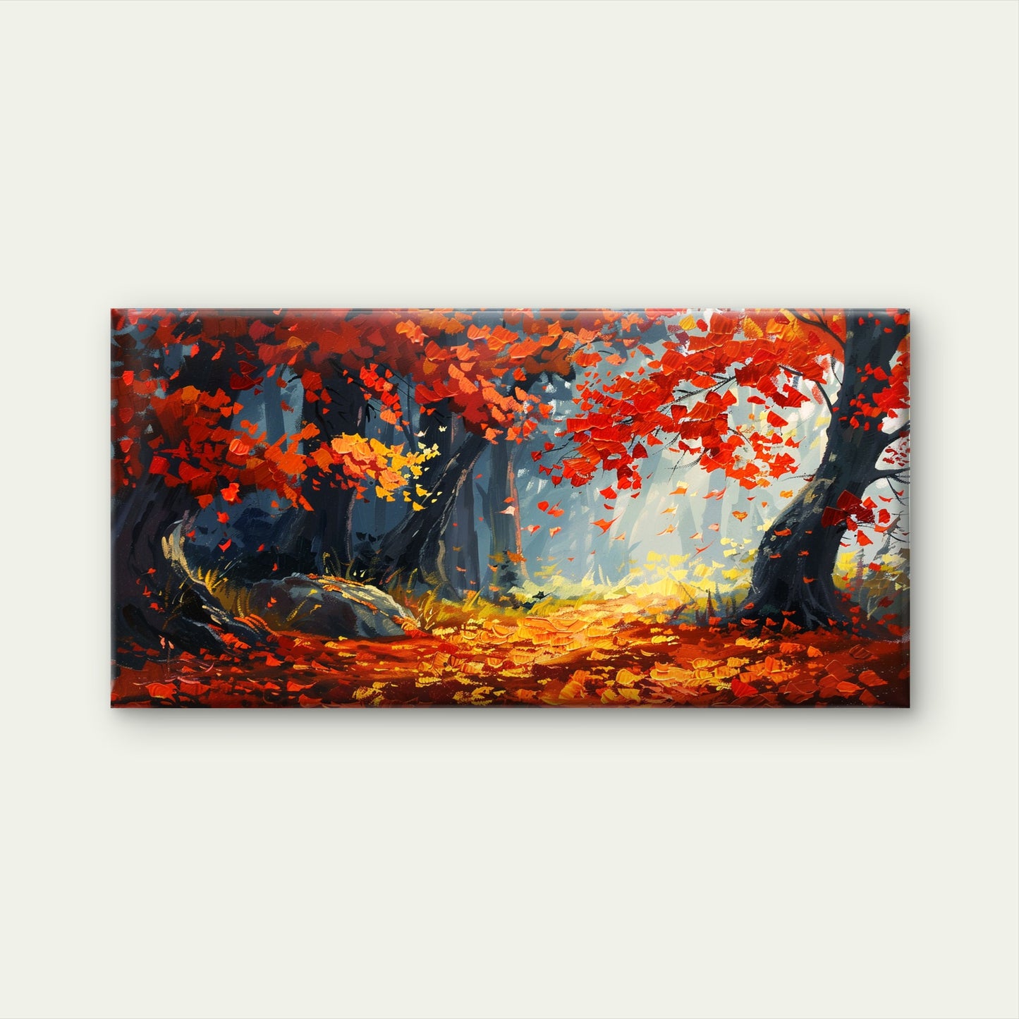 Vibrant Autumn Forest Scene Wall Art Canvas Office Home Room Framed 120x60cm