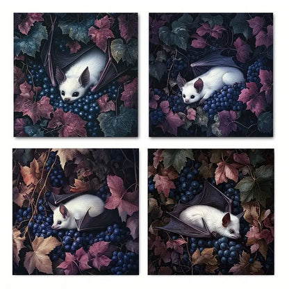 4pcs White Bat Resting on Vibrant Grape  Wall Art Canvas Framed