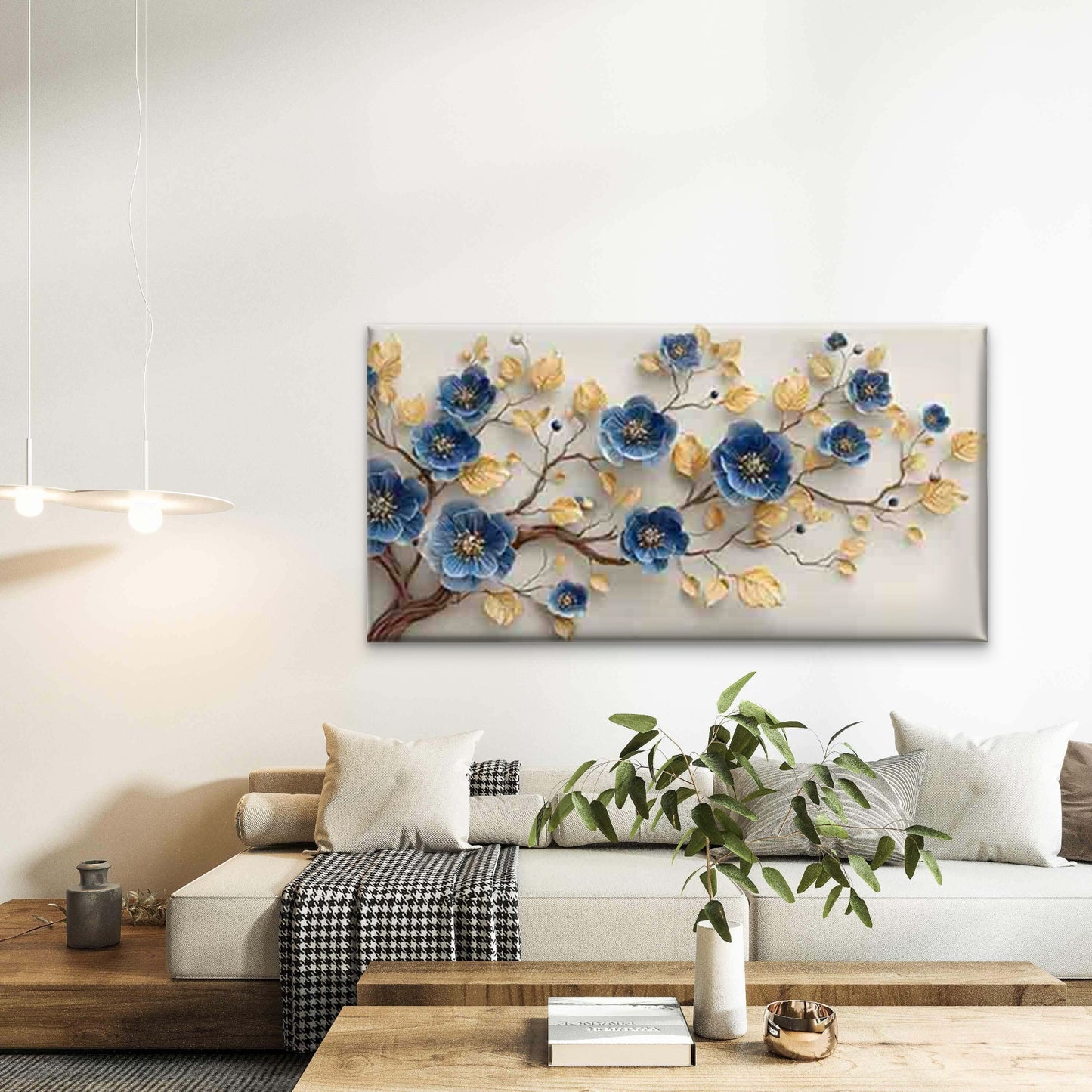 Blue Flower And Golden Leaf Wall Art Canvas Office Home Room Framed 120x60cm - Bella Home Decor