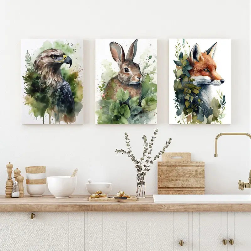 3pcs Fox, Eagle & Rabbit Nature Prints Metal Print Ready to Hang Art - Bella Home Decor