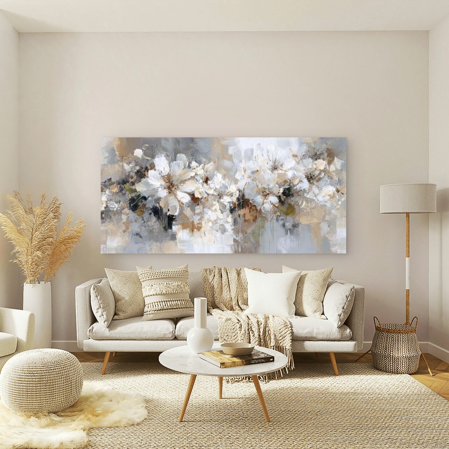 Soft Neutral Floral Wall Art Canvas Office Home Room Framed 120x60cm - Bella Home Decor