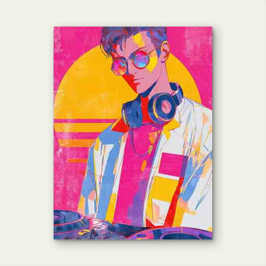 Vintage DJ with Pink Headphones Metal Print Ready to Hang