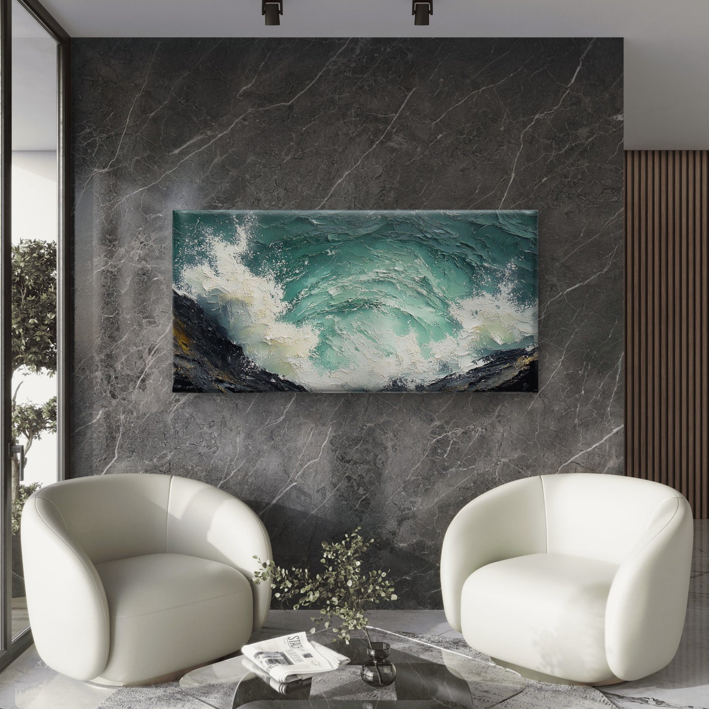 Green Sea Wave Crashing On Rock Wall Art Canvas Office Home Room Framed 120x60cm