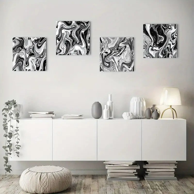 4pcs Black marble flui for Living Room BM   Wall Art Canvas Framed