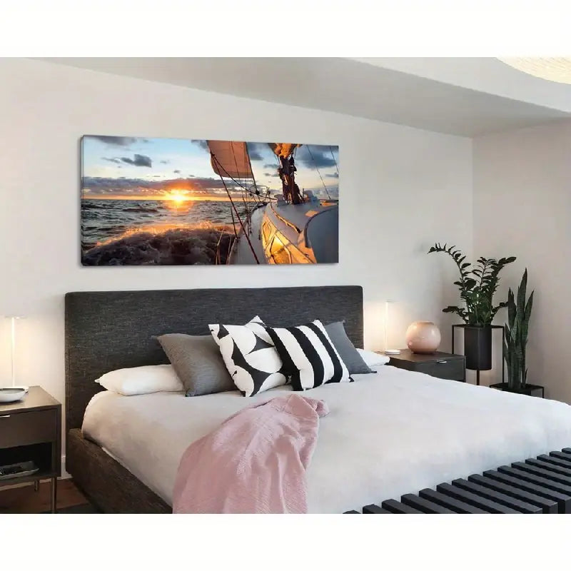 Epic Seascape Sailboat Deck Mast & Sails Sunset Wall Art canvas office home room framed 120x60cm - Bella Home Decor