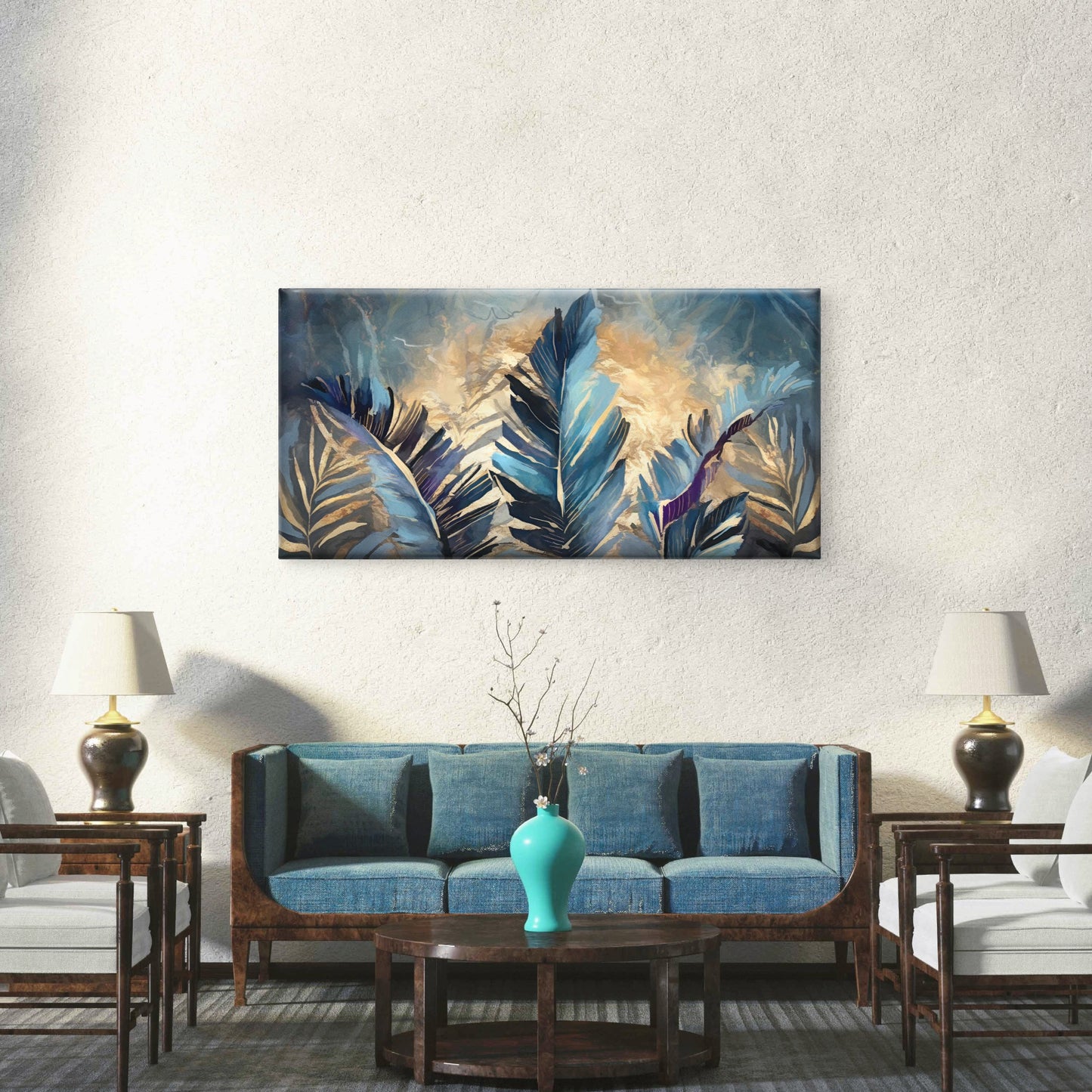 Blue Gold Tropical Feather Wall Art Canvas Office Home Room Framed 120x60cm