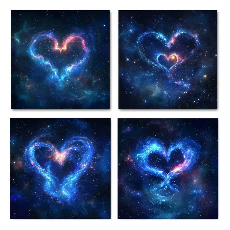 4pcs Vibrant Heart Nebula Designs In Blue, Pink  Wall Art Canvas Framed