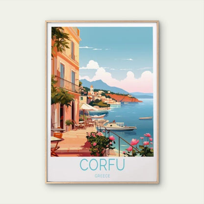 Corfu Greece, Coast and Beautiful Houses Travel Poster Print Wall Art - Bella Home Decor
