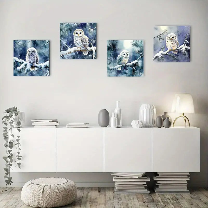 4pcs Arctic  Snowy Owl In Winter Forest Wall Art Canvas Framed