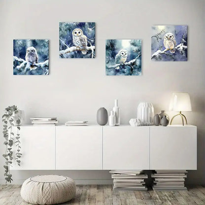 4pcs Arctic  Snowy Owl In Winter Forest Wall Art Canvas Framed