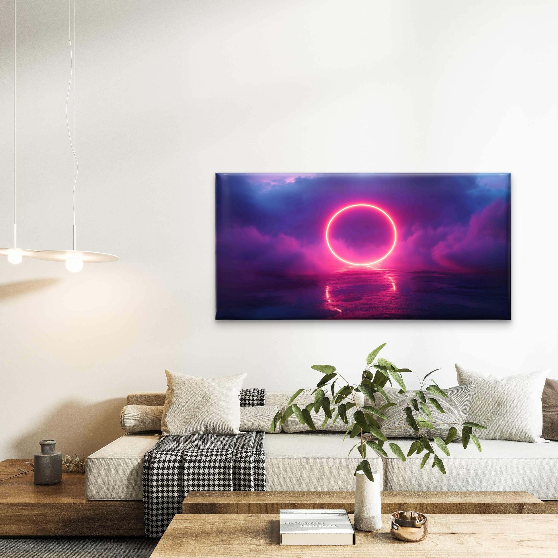 Neon Ring Stormy Cloud Dark Sky Wall Art Canvas Office Home Room Framed 120x60cm - Bella Home Decor