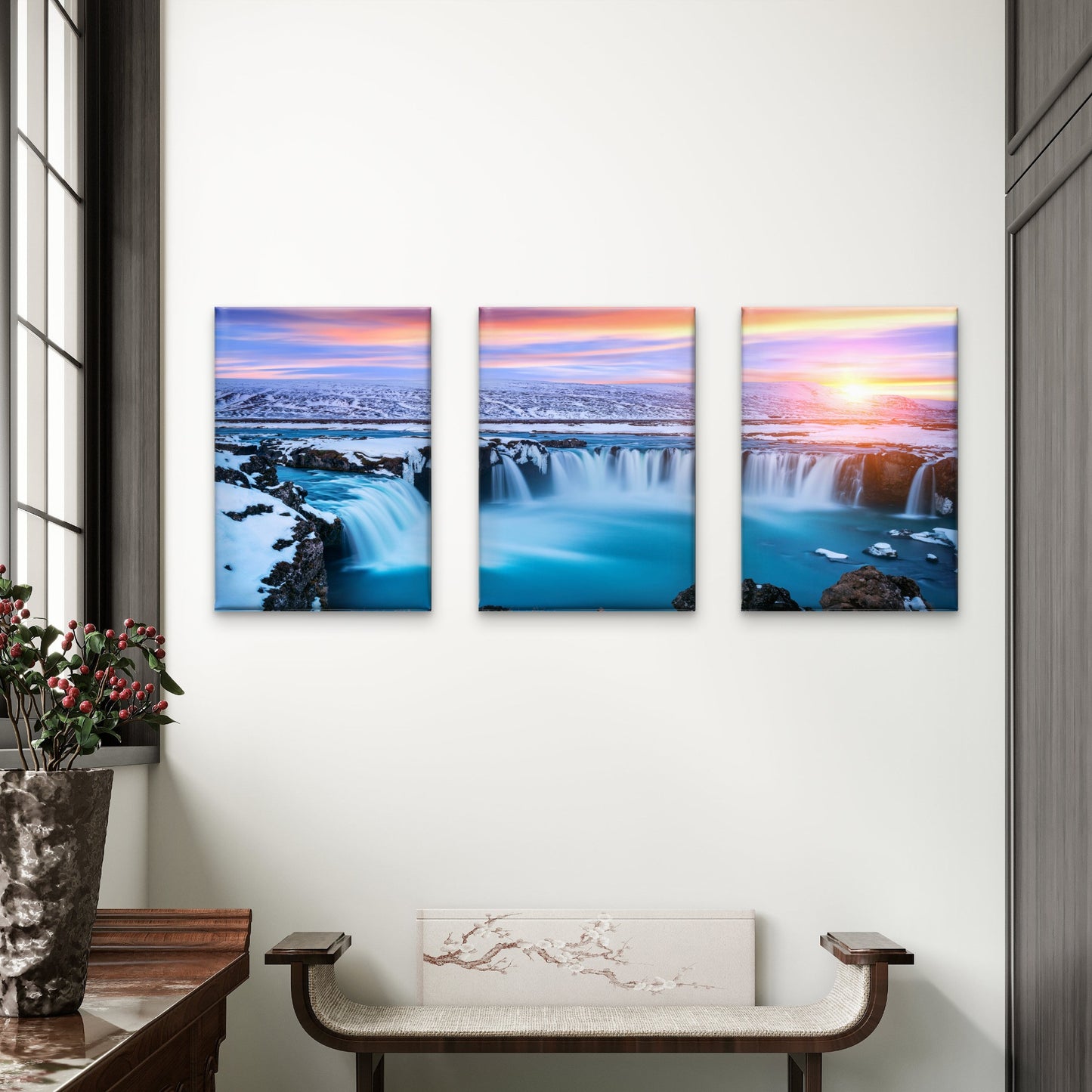 3pcs Iceland Sunset Winter Waterfall Snow Wall Art Set Canvas Framed 60x90cm - High Quality Print 100% Australian Made Wall Canvas Ready to Hang