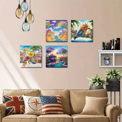 4pcs Island Charm Beach House Coconut Tree Wall Art Canvas Framed